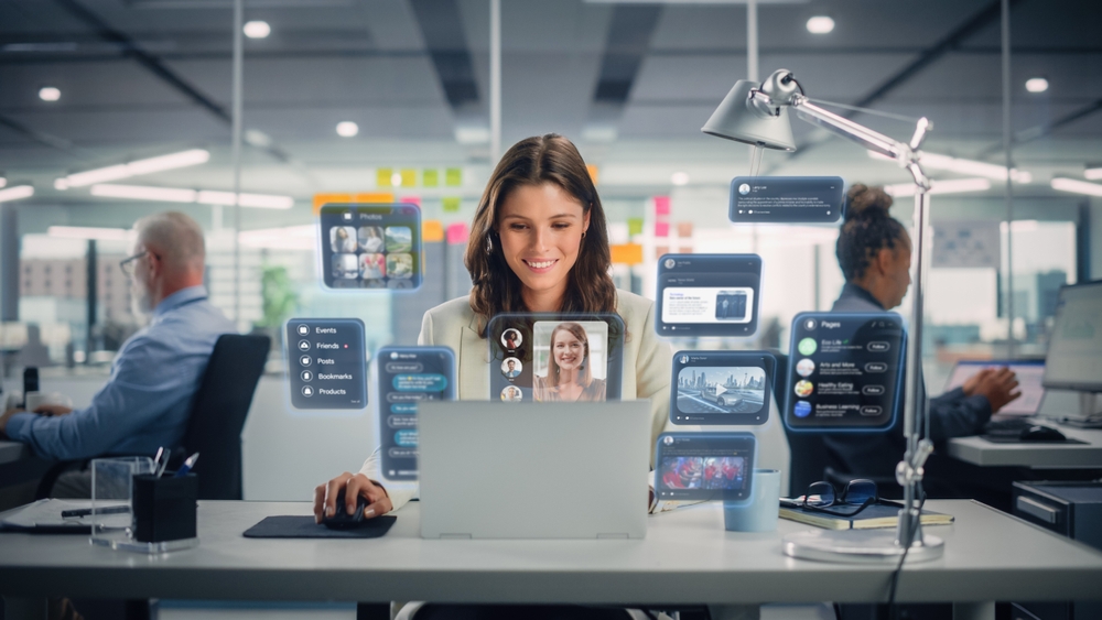 Girl smiling at laptop